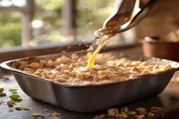 Oat mixture poured into a baking dish