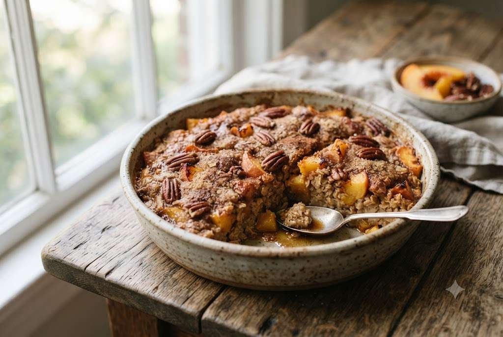 Brown sugar peach baked oats in a dish
