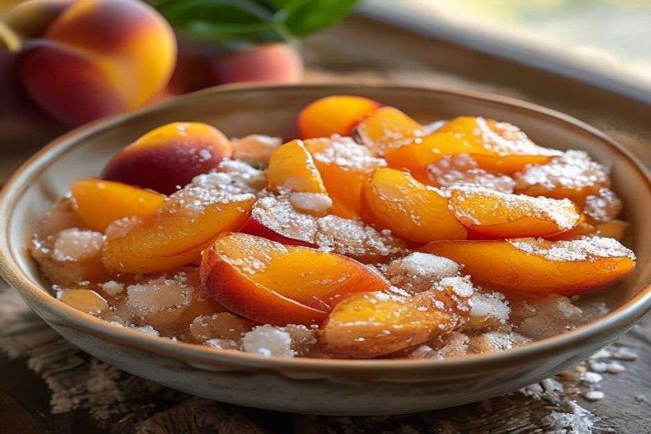Brown sugar peach baked oats in a dish with juicy peaches