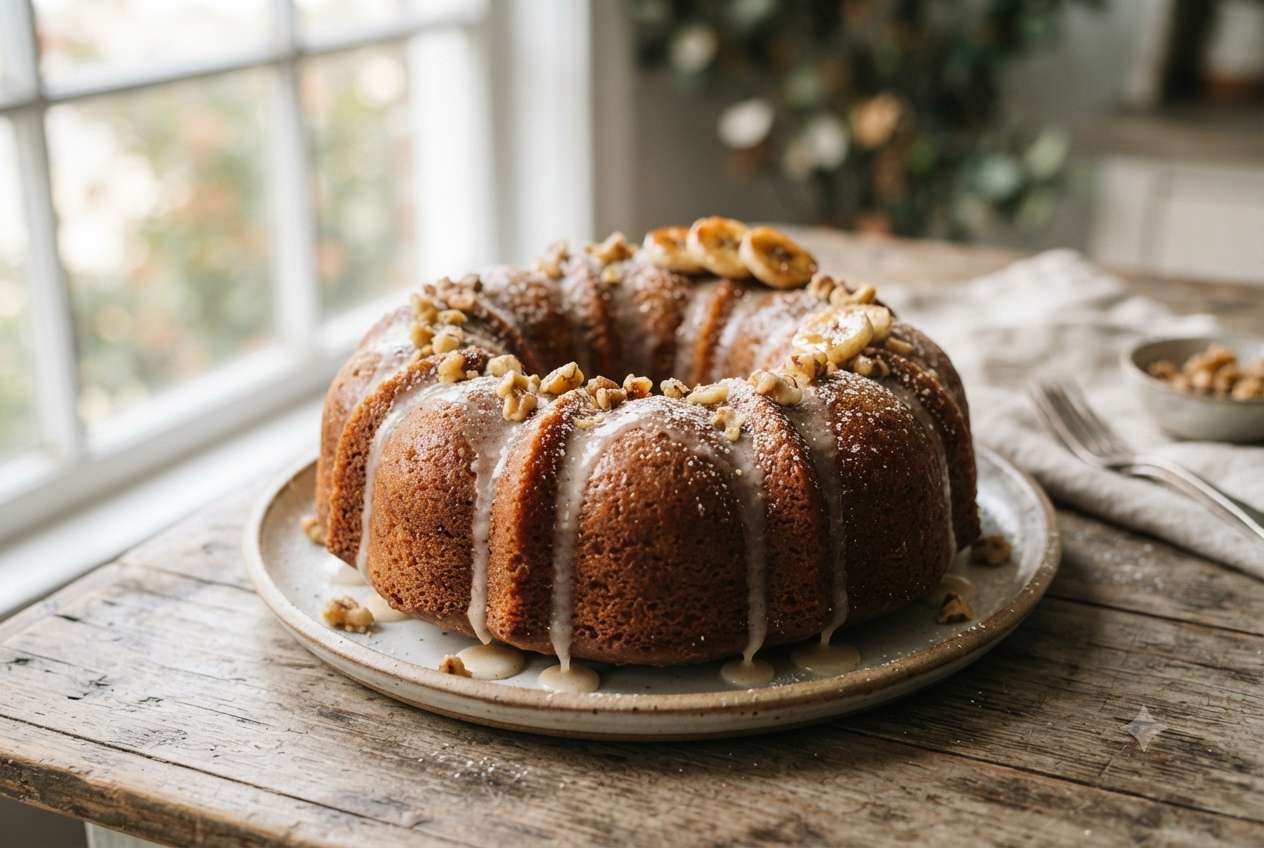 Brown butter banana bundt cake with a light glaze