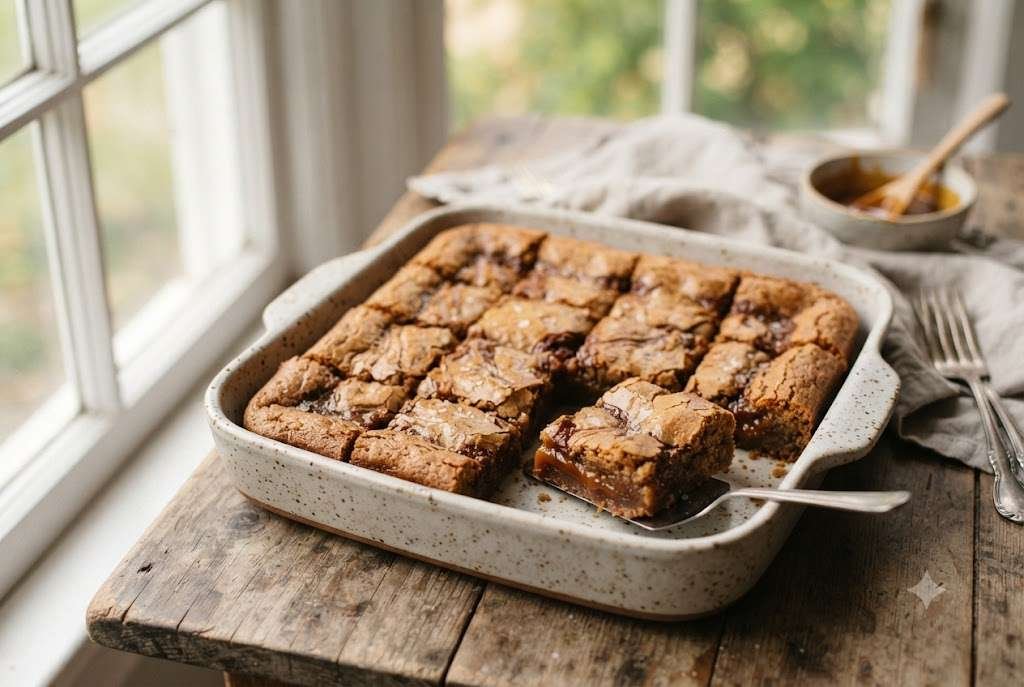 Miso caramel blondies cut into squares