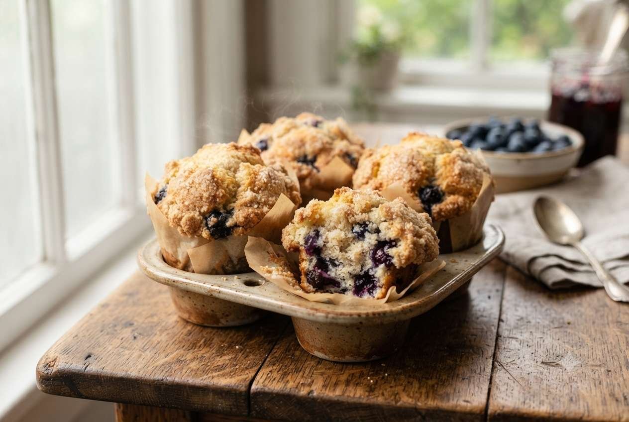 Bakery-style blueberry muffins with tall domed tops