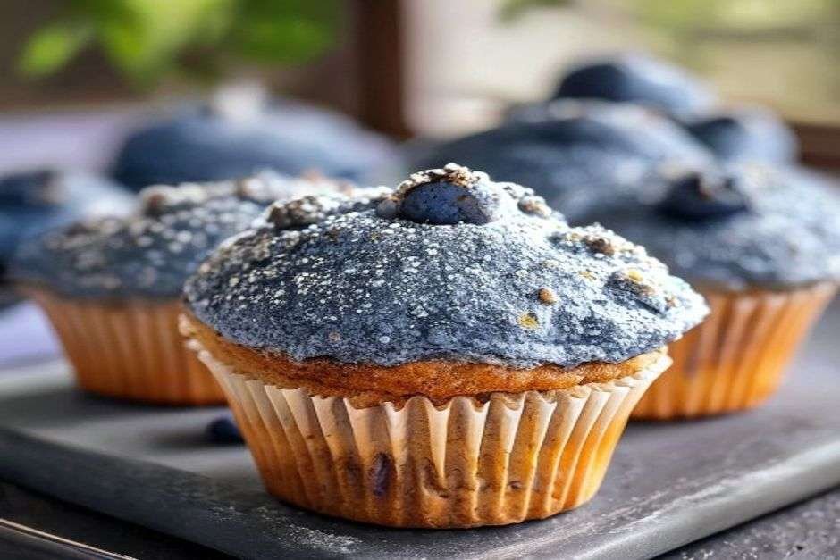 Tall domed blueberry muffins with sugared tops