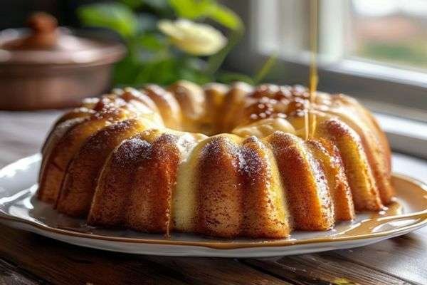 Glaze being drizzled over a bundt cake