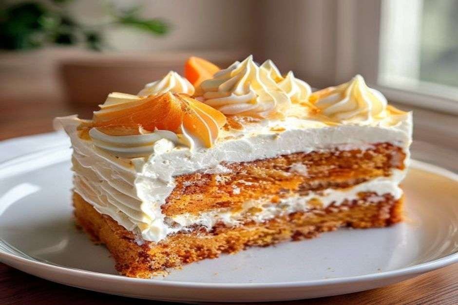 Slice of carrot cake with thick cream cheese frosting