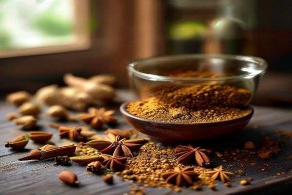 Chai spices measured out: cardamom, cinnamon, ginger, clove