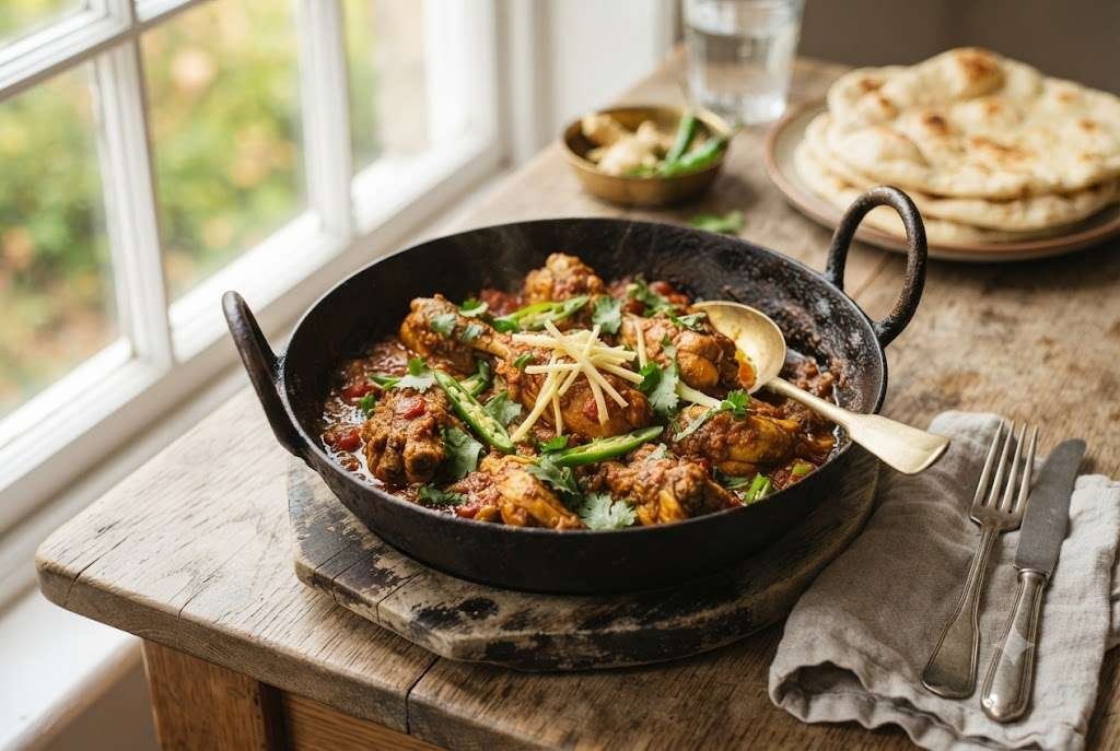 Chicken karahi-style skillet with tomatoes and ginger