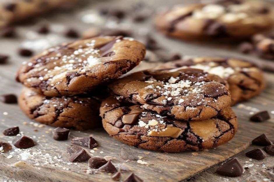 Tahini chocolate chunk cookies with melty dark chocolate and flaky salt