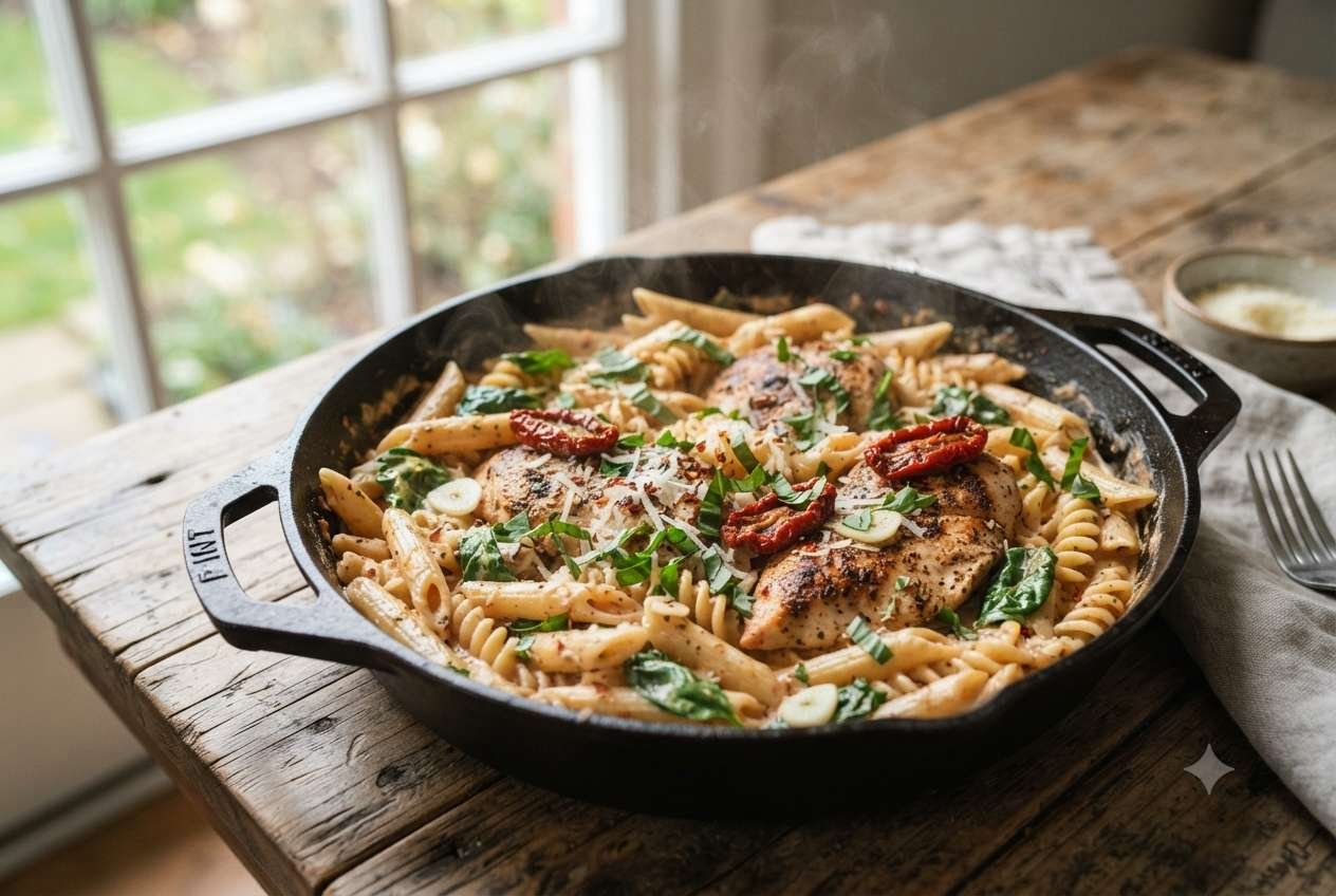 Creamy Tuscan chicken pasta in a skillet