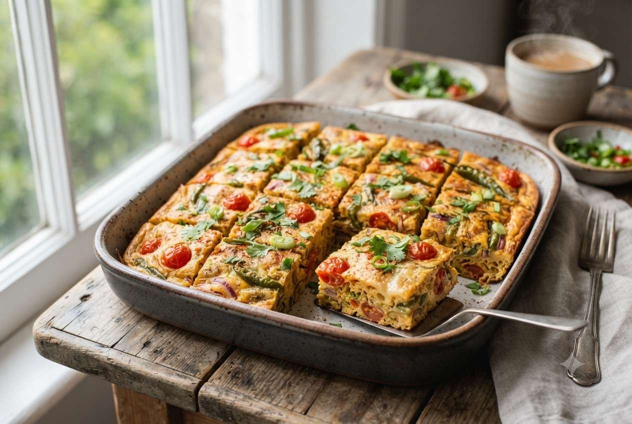 Masala omelette breakfast bake sliced into squares