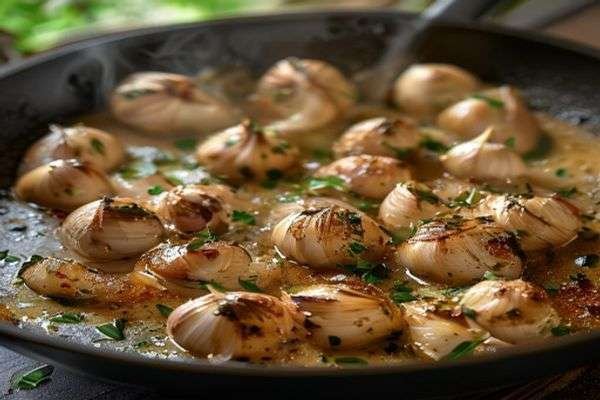 Garlic butter pan sauce in a skillet