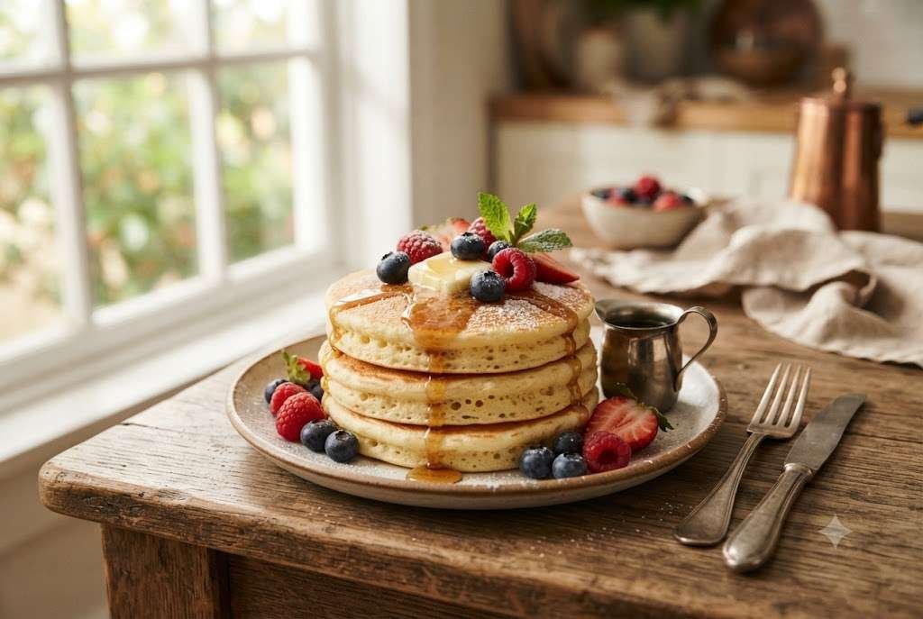 A tall stack of fluffy buttermilk pancakes