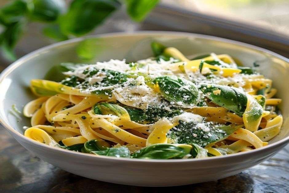 Bowl of pesto pasta with parmesan and basil