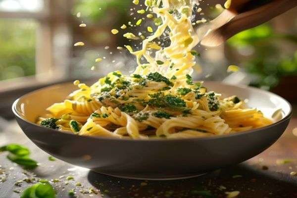 Pesto being tossed through pasta