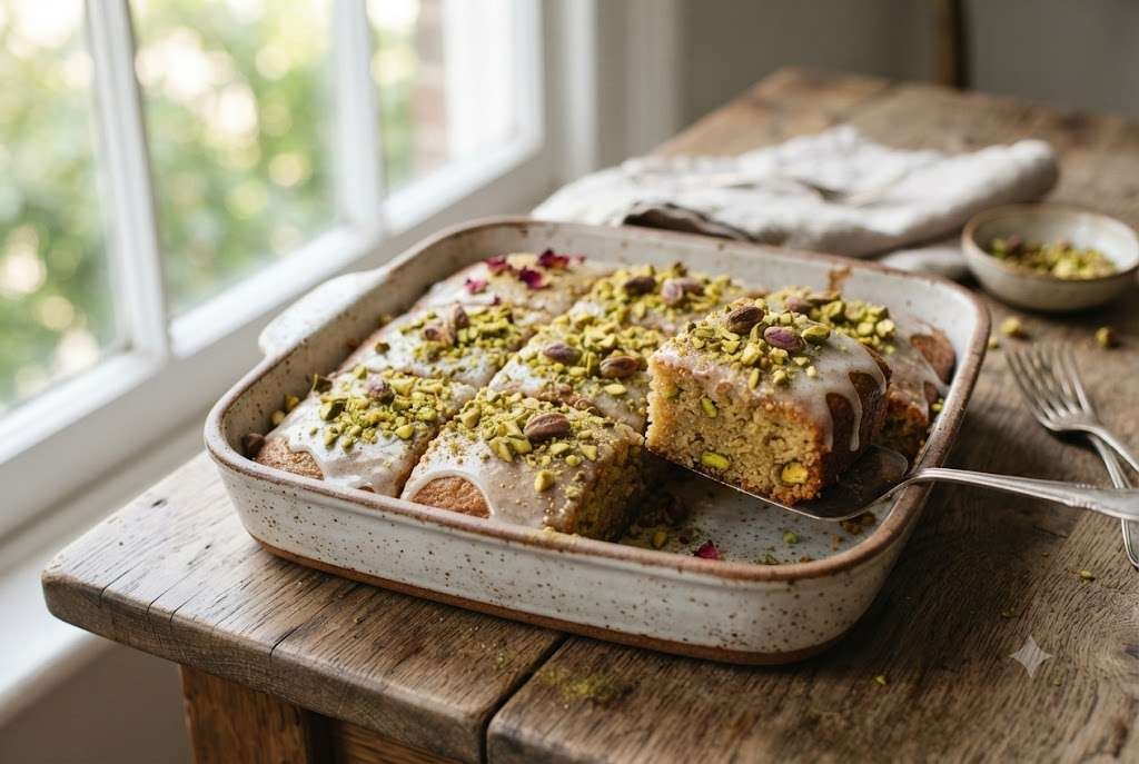 Cardamom pistachio sheet cake topped with chopped pistachios