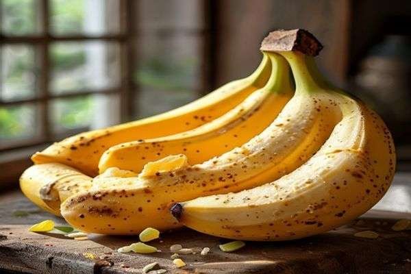 Very ripe speckled bananas being mashed