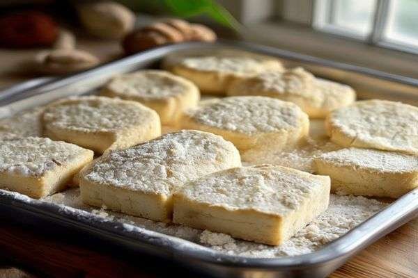 Shortbread dough pressed into a tin