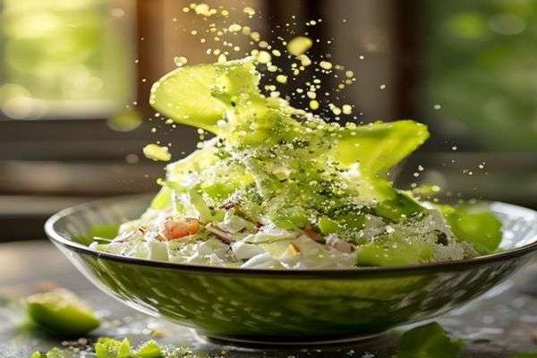 Lime dressing being tossed through slaw