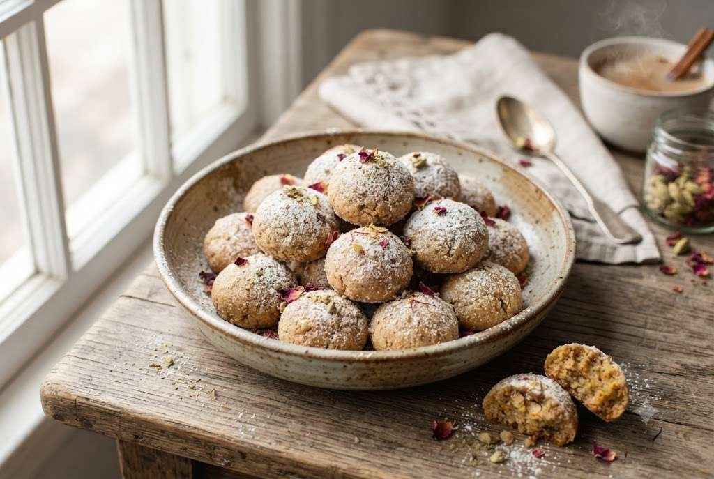 Gulab jamun-spiced snowball cookies dusted in sugar