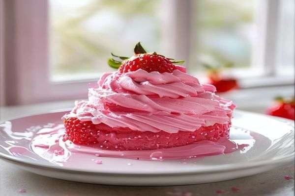 Pink strawberry frosting being spread