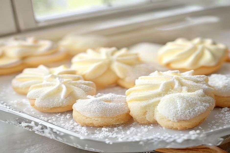 Soft frosted sugar cookies with pastel vanilla buttercream