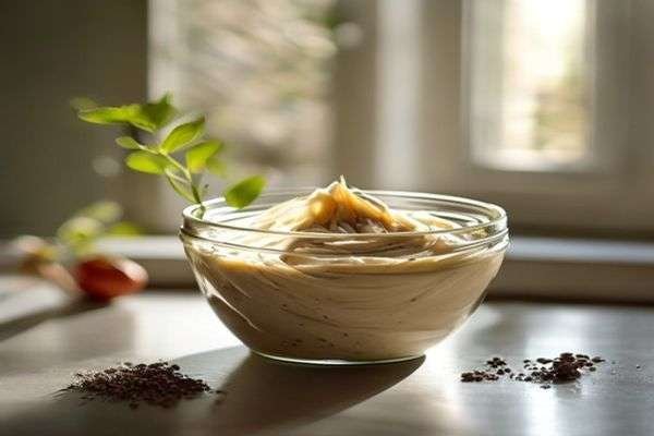 Jar of smooth tahini being stirred