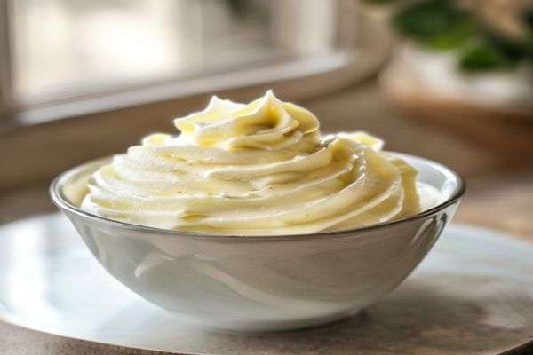 Bowl of smooth vanilla buttercream frosting